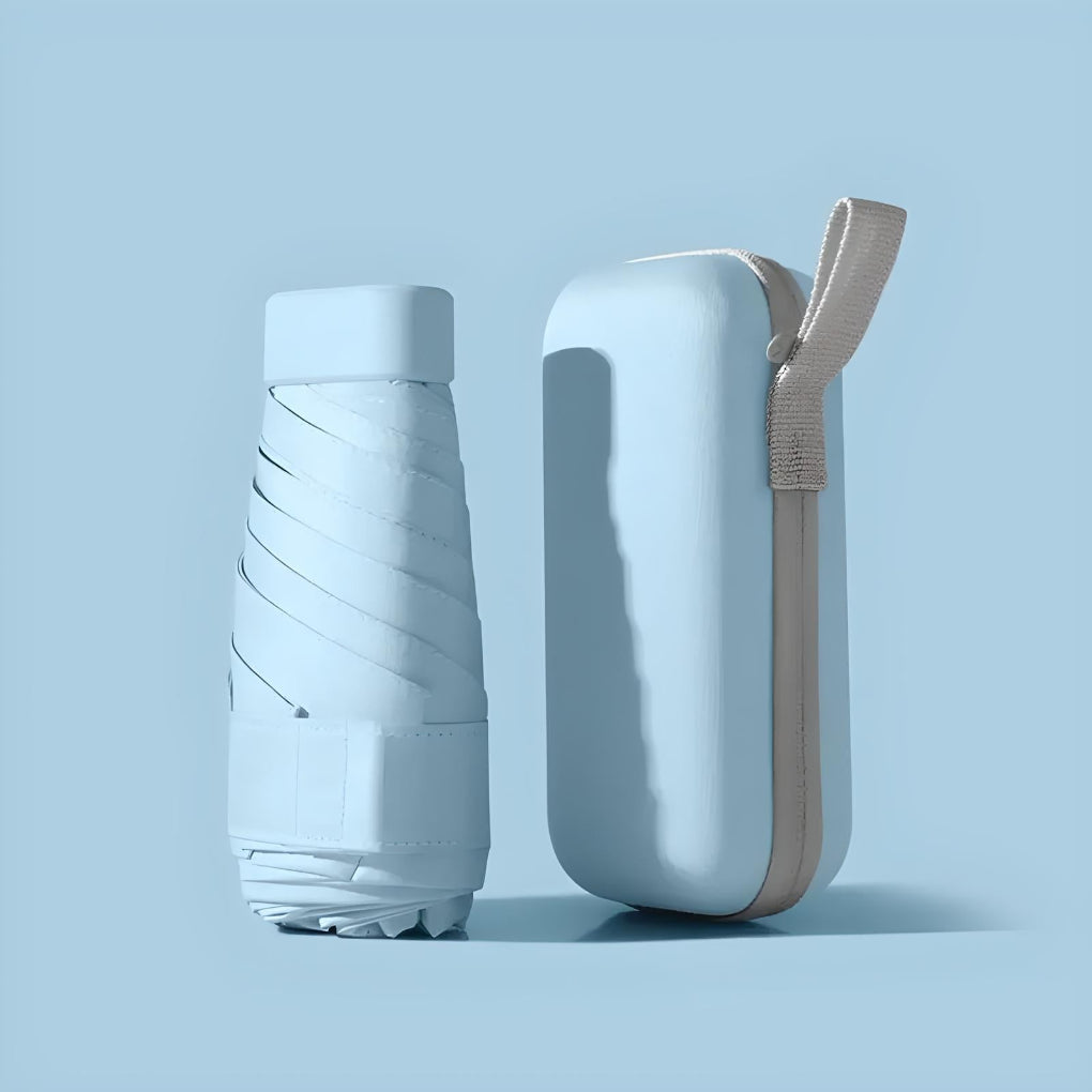 Compact travel umbrella and its case, displayed on a map, emphasizing its use for travel essentials