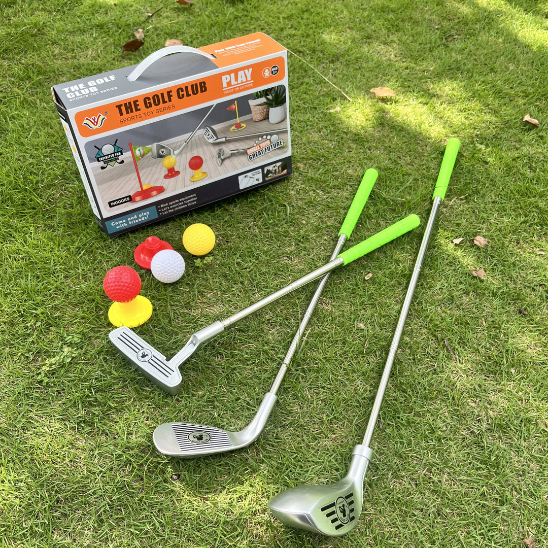 Complete kids golf set: adjustable clubs, colorful balls, & practice holes for active indoor/outdoor play.