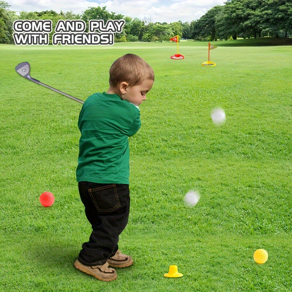 Toddler practicing putting with a bright adjustable golf club on a living room rug. Indoor fun toy.