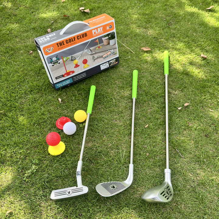 Close-up of a child's adjustable golf club, highlighting its durable, colorful design for young hands.