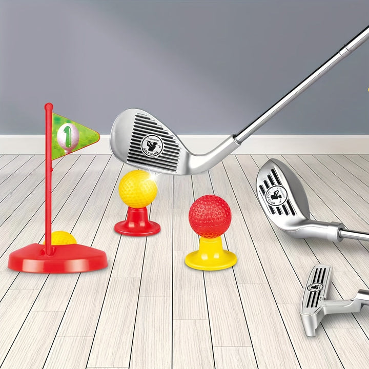 Two children sharing the adjustable golf club set, laughing. Great for social, active play & motor skills.