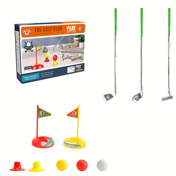 Energetic child mid-swing with a lightweight, adjustable golf club. Promotes active play & sports skills.