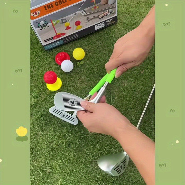 Parent and child playing mini golf with the adjustable kids golf set. Fun family activity, builds motor skills.