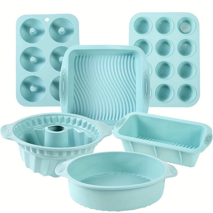 Complete silicone baking mold set for cakes, muffins, donuts & bread. Non-stick, flexible bakeware.