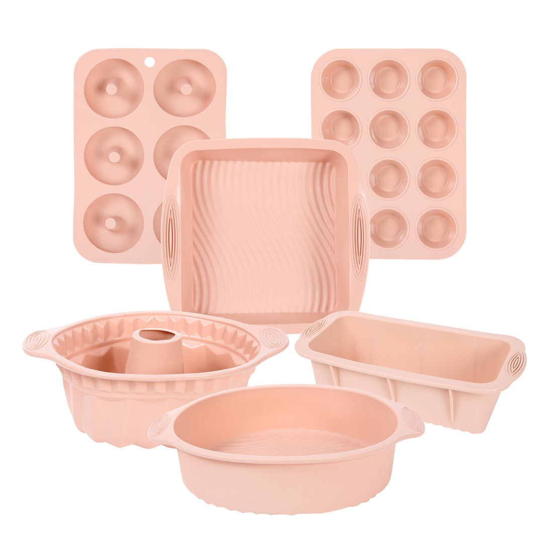 Non-stick silicone mold set for baking cakes, muffins, and bread. Essential kitchen bakeware.