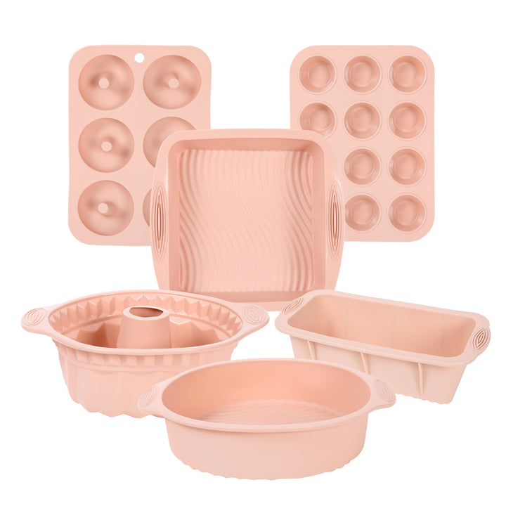 Non-stick silicone mold set for baking cakes, muffins, and bread. Essential kitchen bakeware.