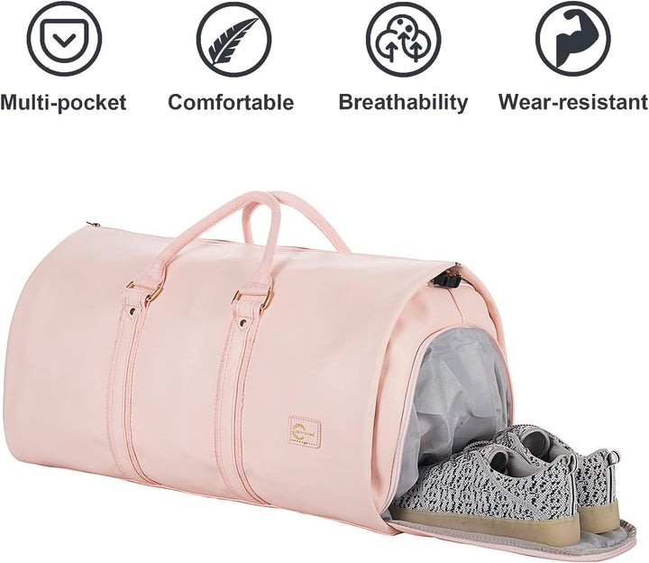 Traveler with convertible garment duffel bag in airport, highlighting its carry-on size.