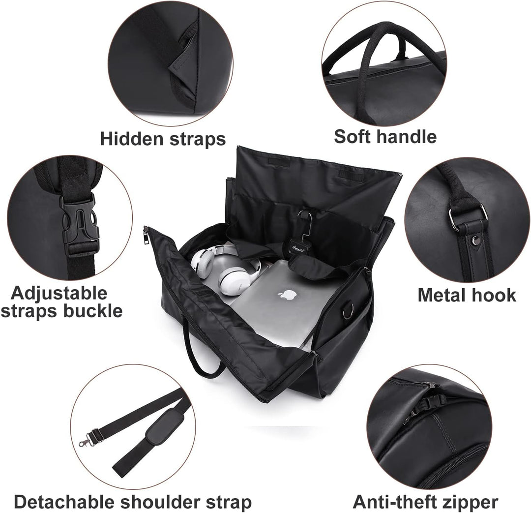 Versatile convertible garment duffel bag transforming from flat suit bag to packed weekender.