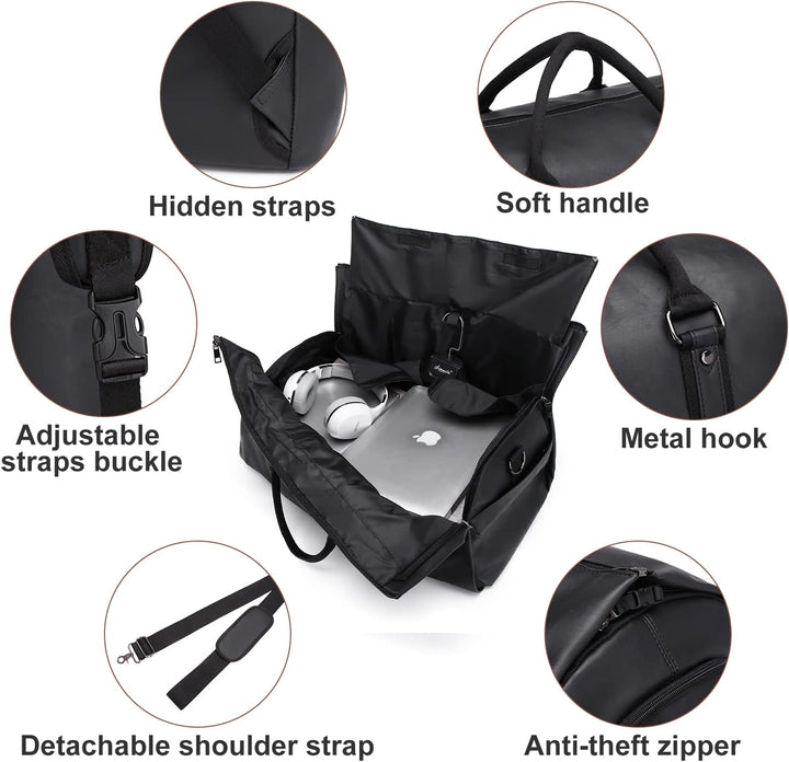 Versatile convertible garment duffel bag transforming from flat suit bag to packed weekender.