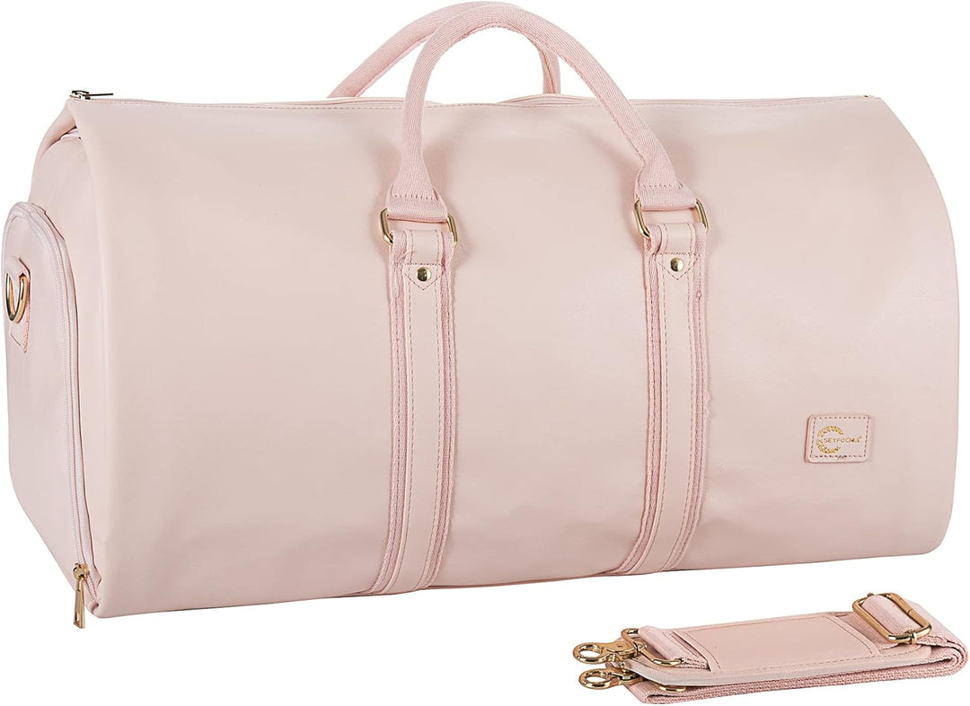 Stylish convertible garment duffel bag securely stacked on carry-on luggage. Easy airport travel.