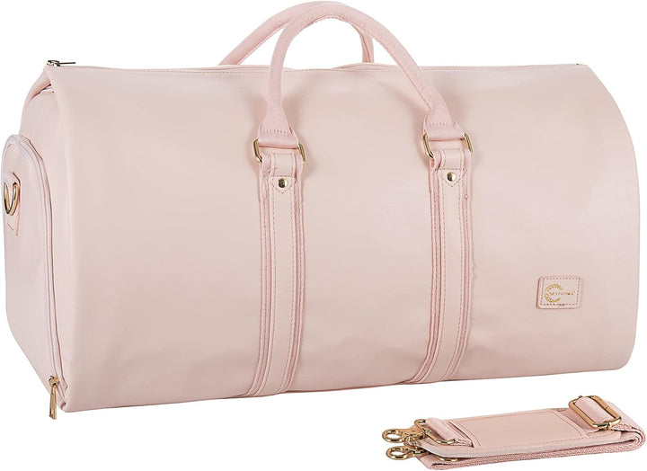 Stylish convertible garment duffel bag securely stacked on carry-on luggage. Easy airport travel.