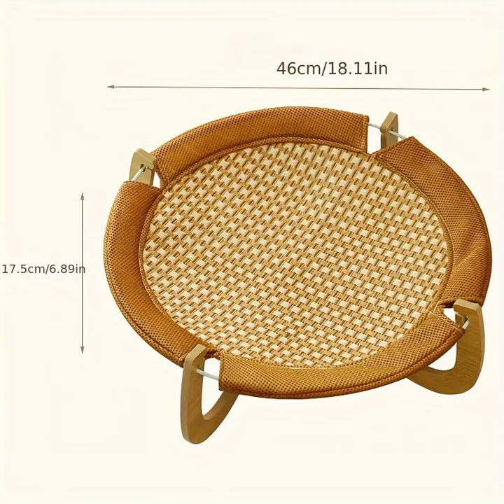 Elevated rattan cat bed hammock. Offers a cooling surface, ideal for summer comfort and happy felines.