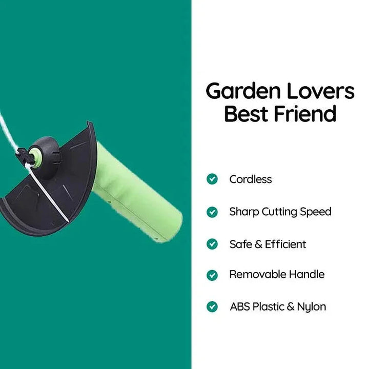 Ergonomic cordless mini grass trimmer for comfortable lawn edge trimming. Efficient garden tool for easy yard care.
