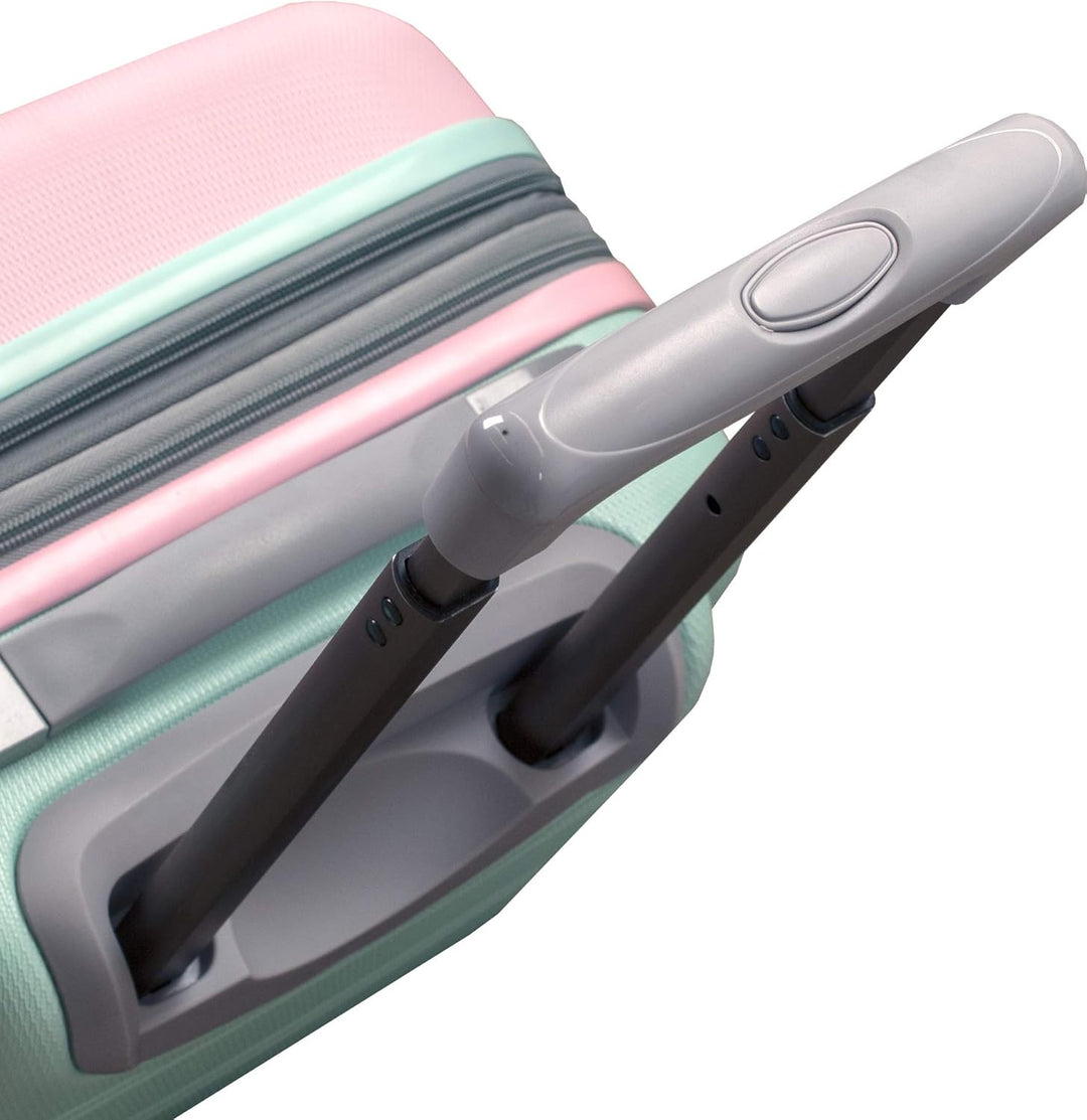 Cotton Candy two-tone expandable carry-on. Unisex lightweight hardside luggage with double spinner wheels for travel.