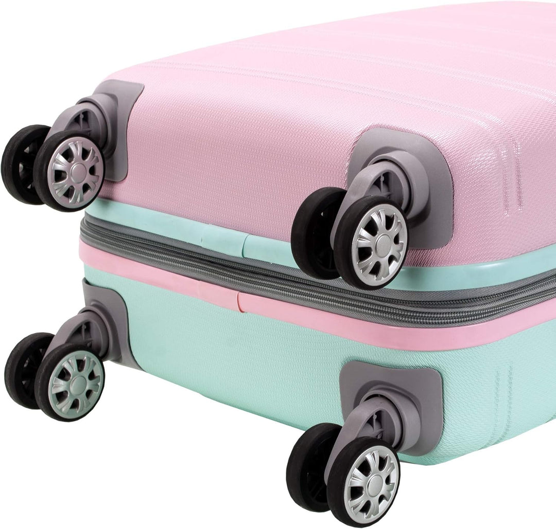 Cotton Candy hardside carry-on luggage. Features lightweight design, expandable storage, and double spinner wheels.