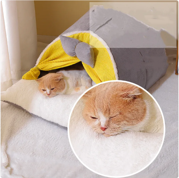 Plush arch design cat bed, a comfortable feline retreat with a cute bow. Washable pet house for indoor cats.