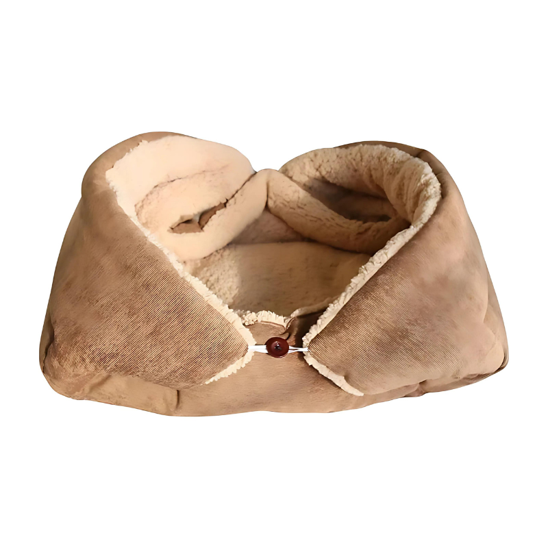 Washable calming pet bed for small cats & dogs, adjustable shapes for cozy comfort & easy care.