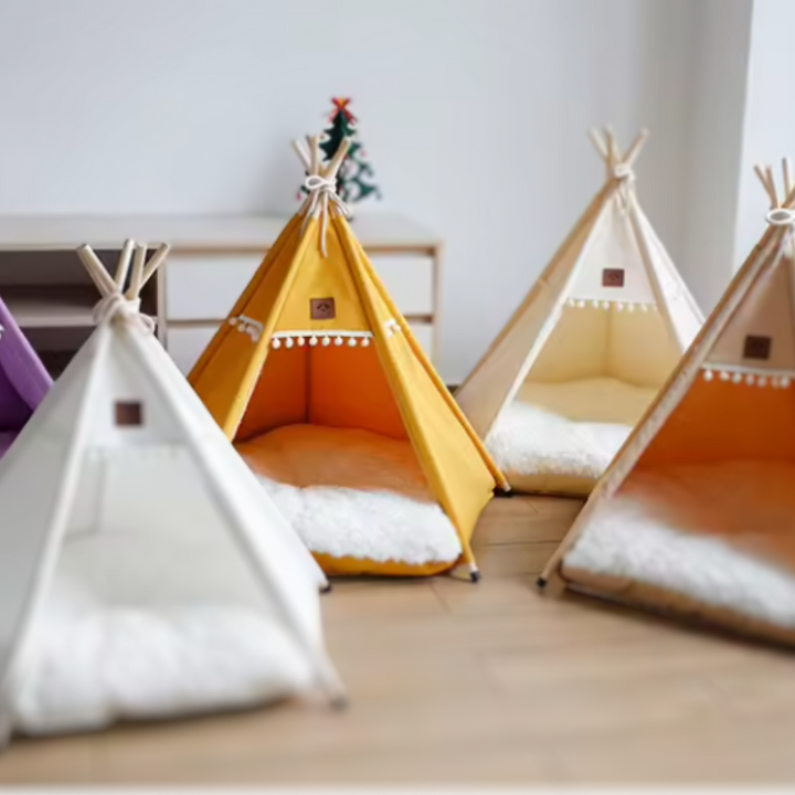 Cozy canvas pet teepee tent for cats & dogs. Portable indoor/outdoor dog & cat bed house.