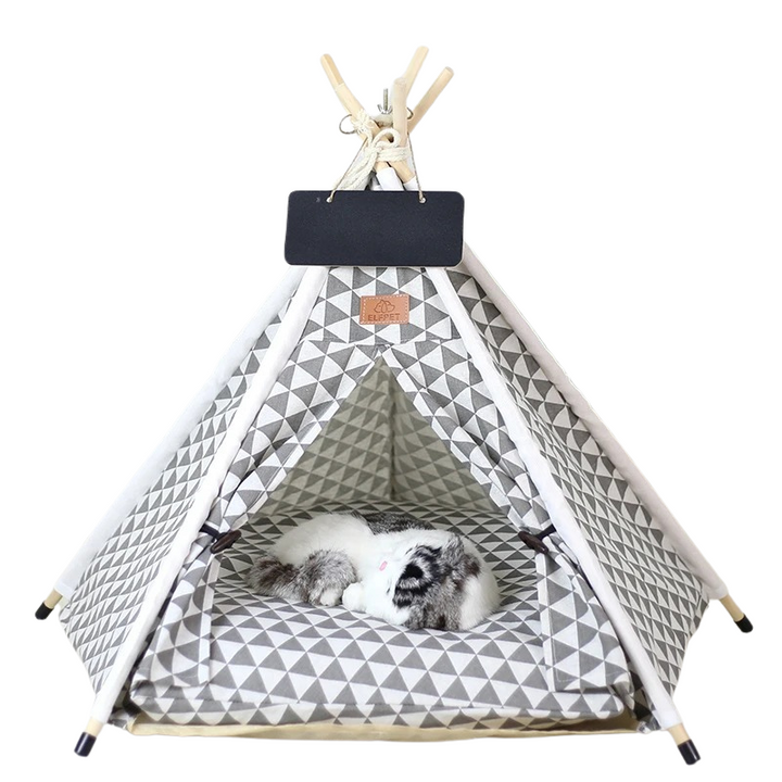 Soft canvas pet teepee tent, a comfortable & portable house for cats & small dogs. Great indoor/outdoor pet bed.