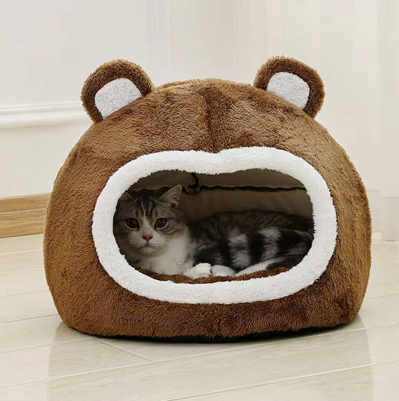 Plush cat cave bed with non-slip base, offering secure and cozy comfort for large cats. Washable for easy care.