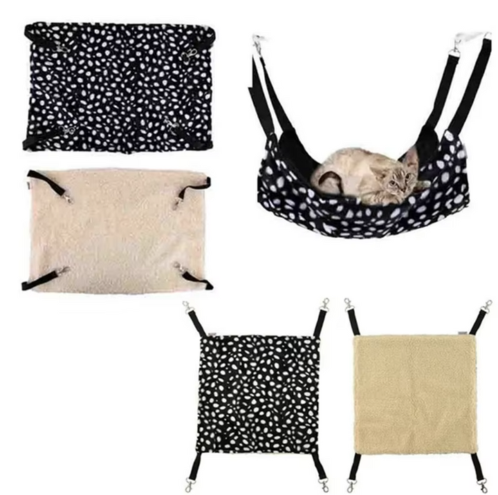 Washable cat hammock bed, soft plush fabric for ultimate feline comfort. A secure, cozy, and elevated pet bed.