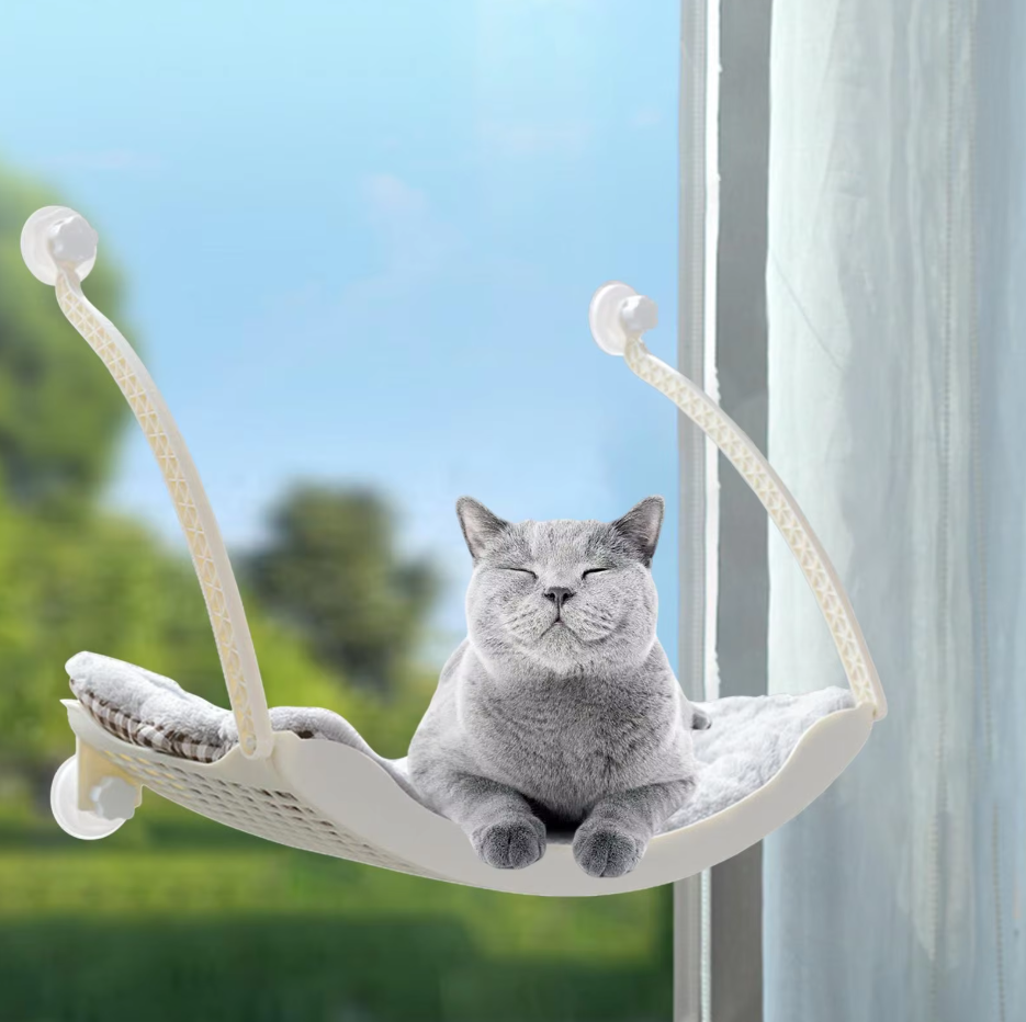 Cat's sunbathing window perch, featuring strong suction cups for a stable & comfortable cat bed.