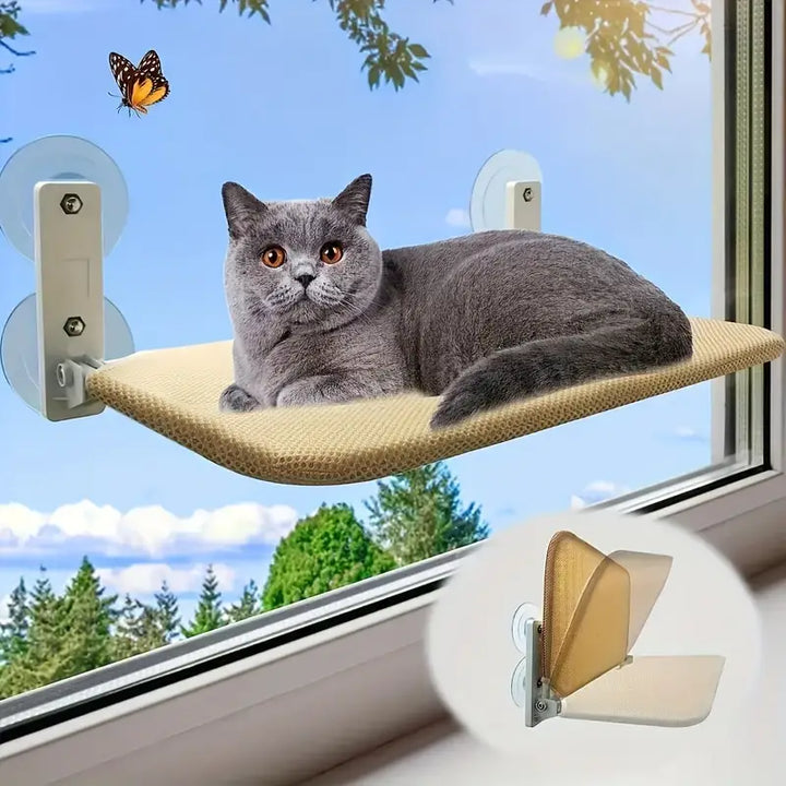 Cozy cat window perch hammock with strong suction cups, a comfortable sun lounger bed for felines.