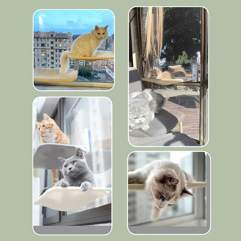Durable cat window bed with secure suction cups, a cozy hammock perch for cats to relax and watch nature.