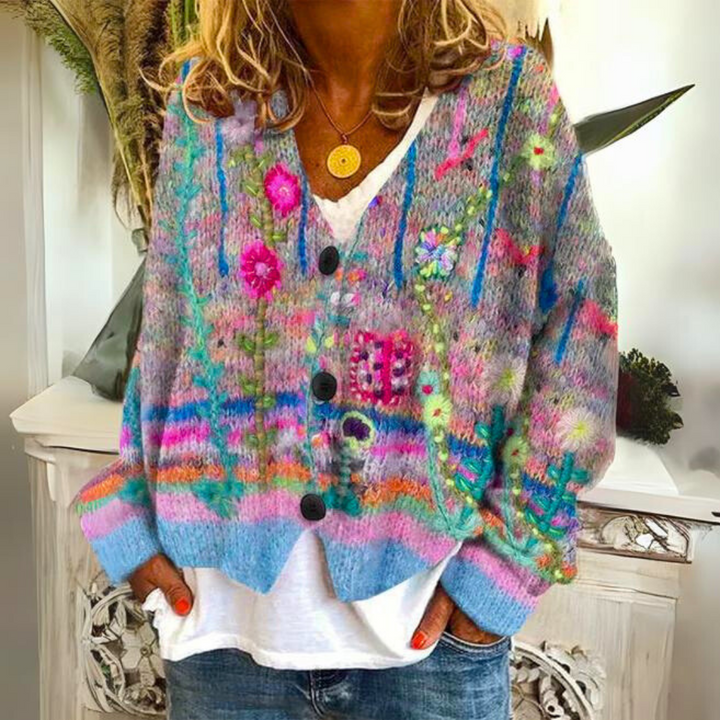 Cozy colorful women's knitted sweater with a unique design, ideal for fall and winter casual wear with an oversized fit.