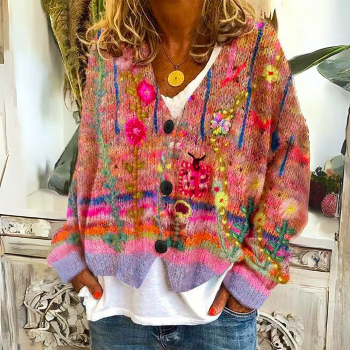 Close-up of a women's cozy colorful knitted sweater, highlighting the unique design and soft texture, great for winter.