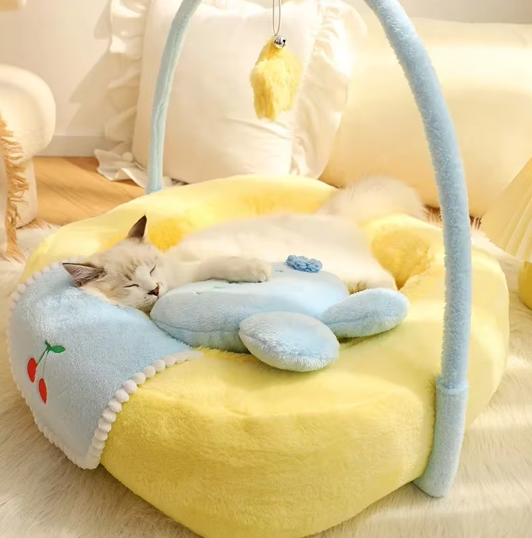 Cozy duck-shaped cat bed, soft and plush for feline comfort & relaxation.