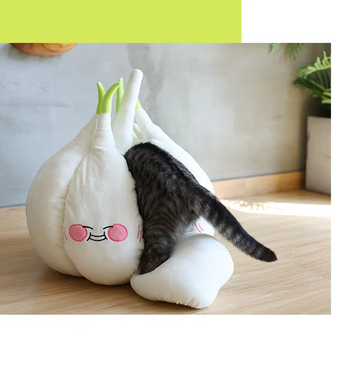 Cozy garlic cat cave bed for small dogs, plush white pet sanctuary, comfortable & adorable for pets.