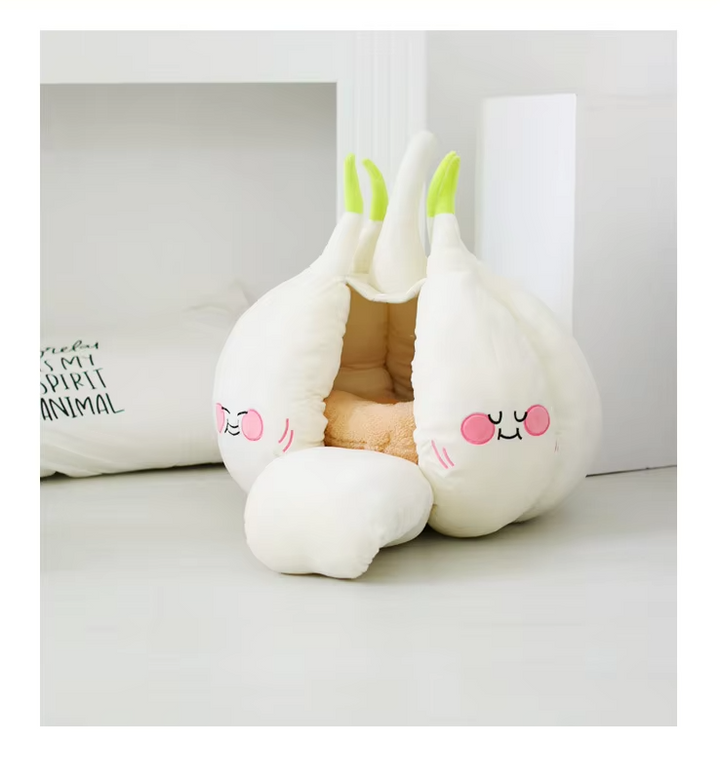 Unique garlic design cat cave bed, washable and plush, perfect cozy sanctuary for small pets.