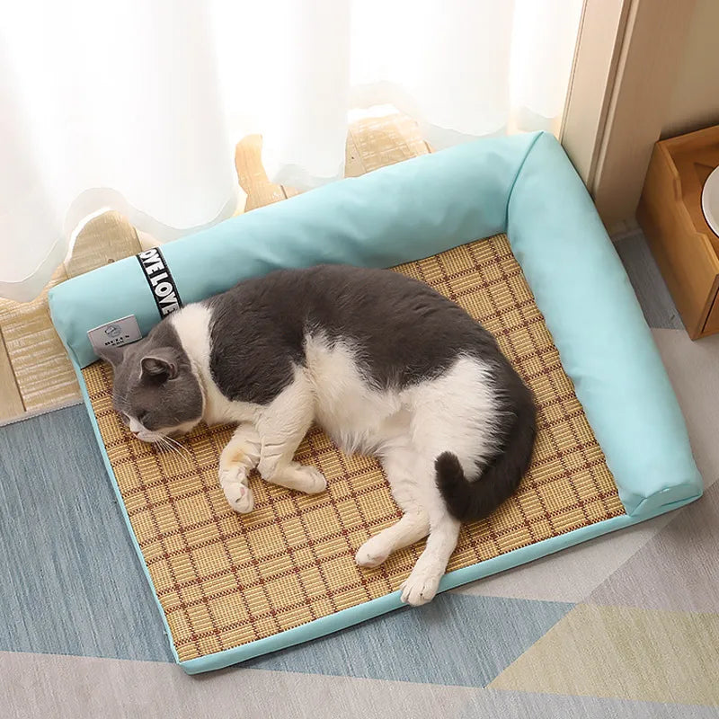 Cozy green corner pet bed for small dogs & cats, featuring a soft plush interior for ultimate comfort & relaxation.