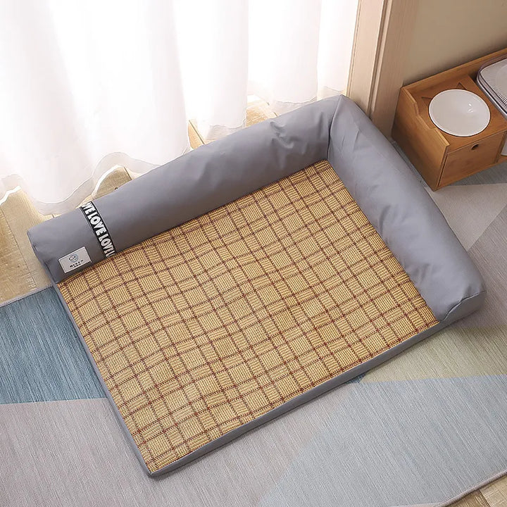 Soft green corner cat & dog bed, perfect for small pets to sleep & relax. A plush pet supply for cozy napping.