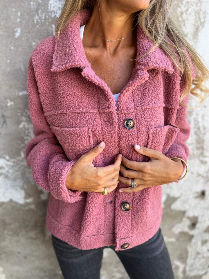 Cozy hip-length pink women's jacket, relaxed fit, perfect for stylish everyday casual outerwear.