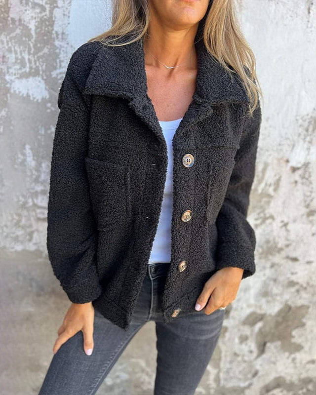 Black women's stylish cozy everyday jacket, hip-length casual outerwear for transitional weather.