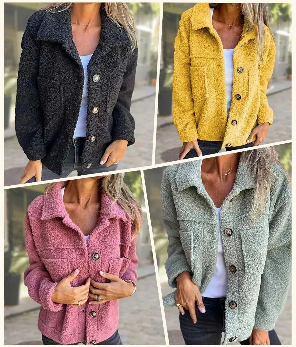 Versatile black women's hip-length jacket, cozy and stylish, perfect everyday casual outerwear.