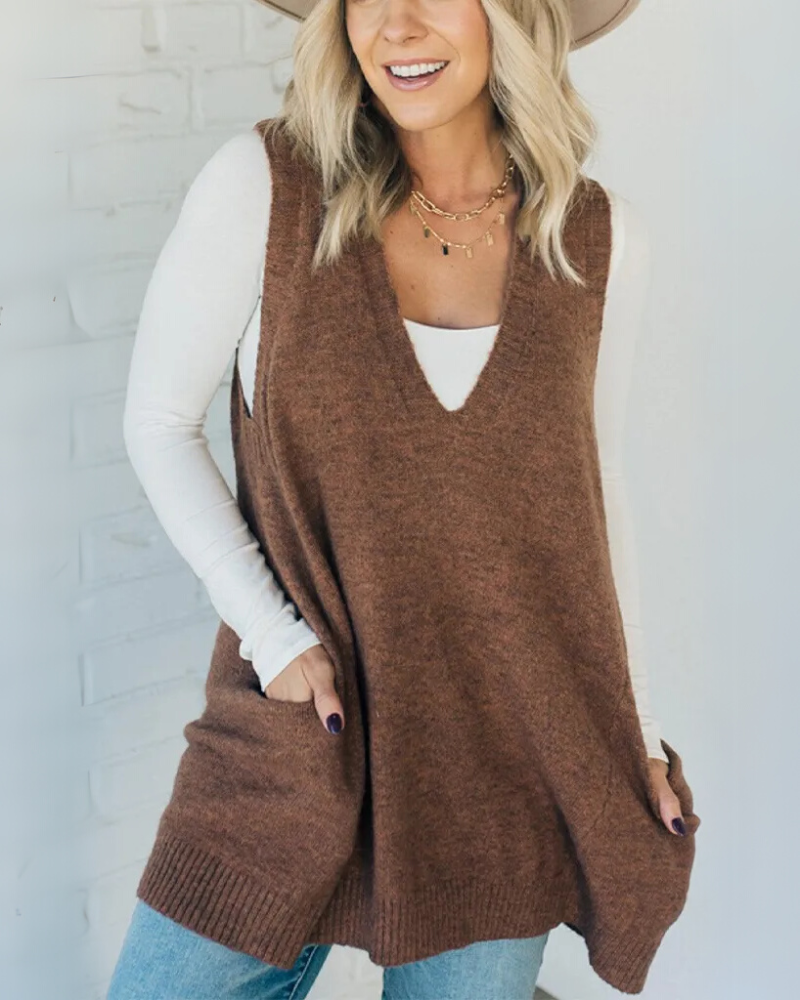 Cozy knit vest for women with large pockets, perfect for warm layering