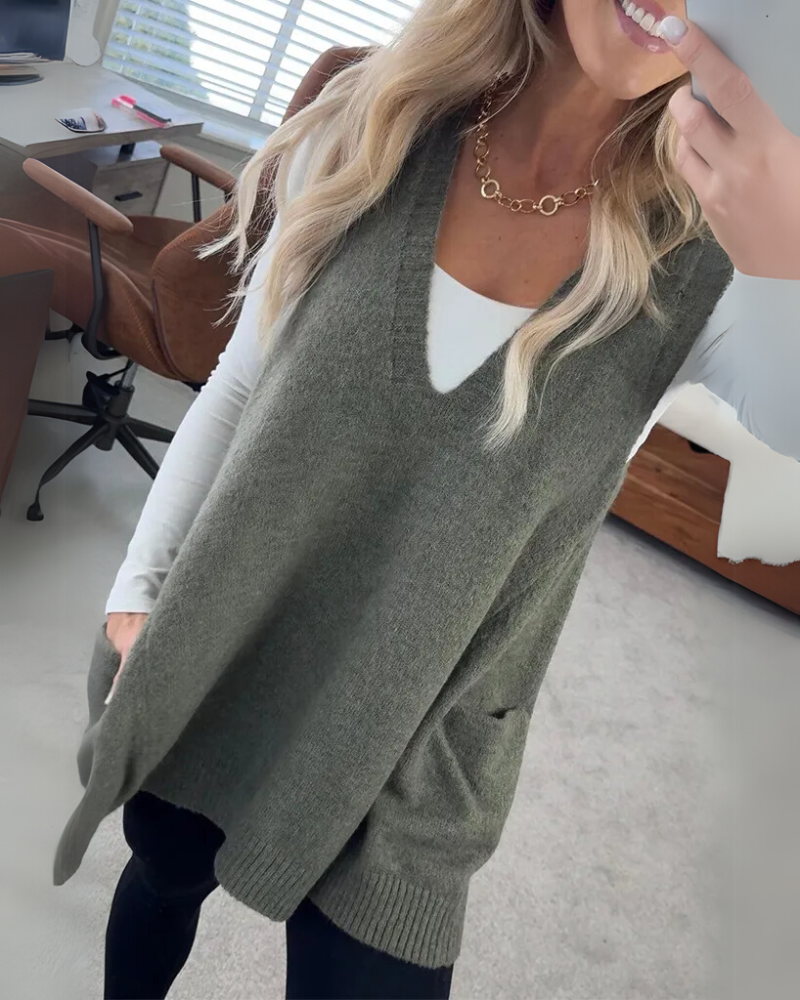 Detail of the pocket on a soft women's knit vest, a must-have layering piece