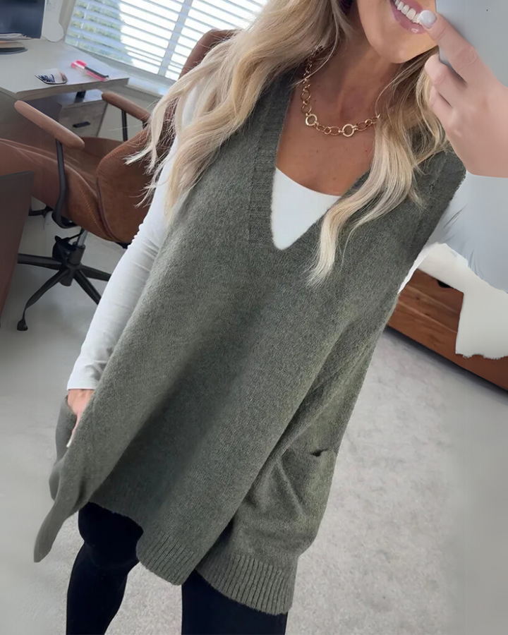 Detail of the pocket on a soft women's knit vest, a must-have layering piece