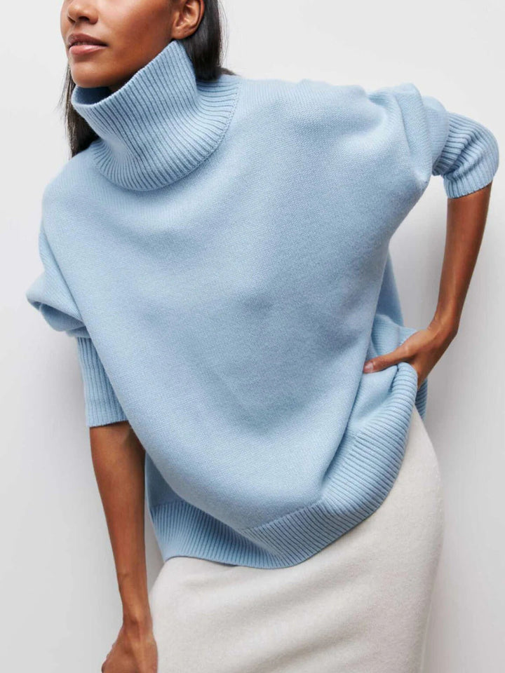 Casual wear women's oversized cozy turtleneck sweater, ideal for comfortable winter outfits.