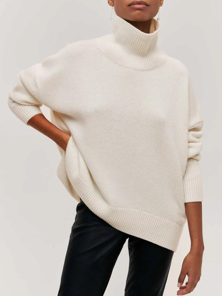 Relaxed women's cozy turtleneck sweater, an easy piece for everyday casual wear in winter.