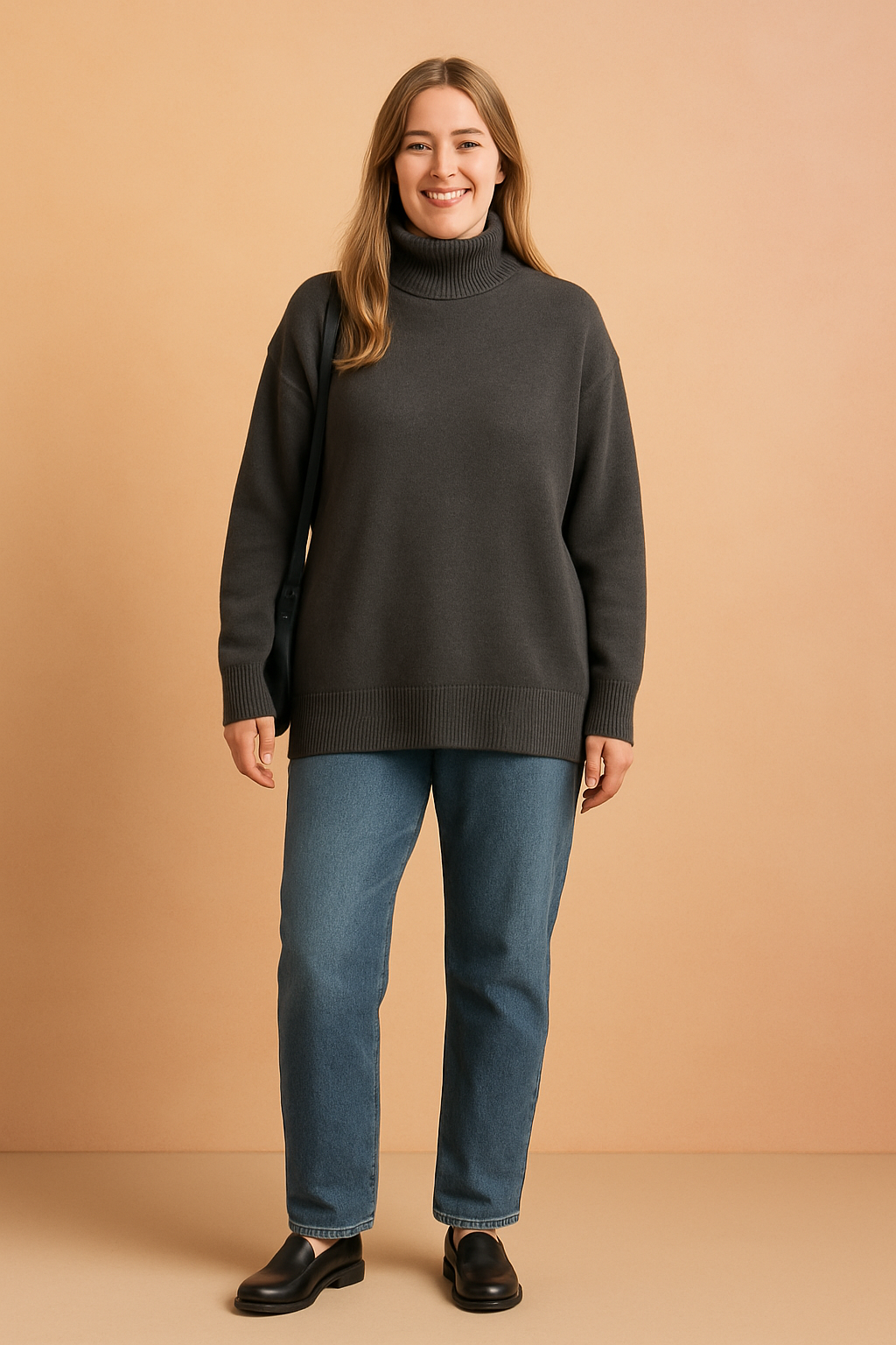 Fashionable women's loose fit turtleneck sweater, offering ultimate comfort for fall & winter style.