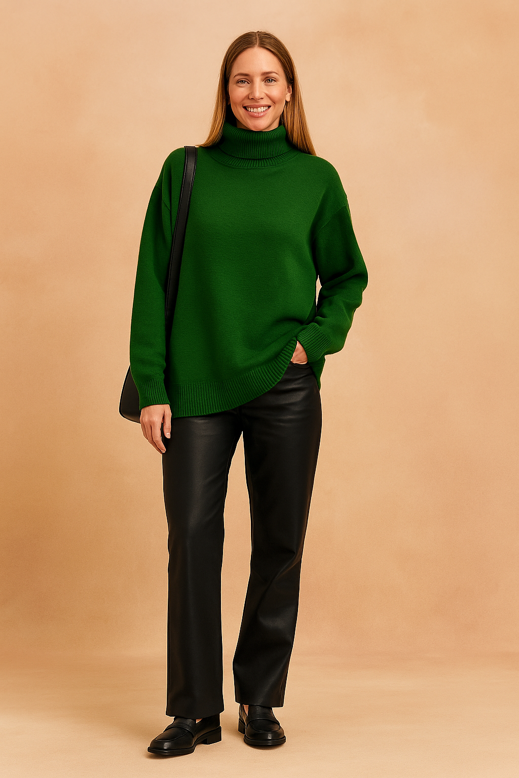 Warm women's loose fit turtleneck sweater, an essential comfortable pullover for winter fashion & layering.