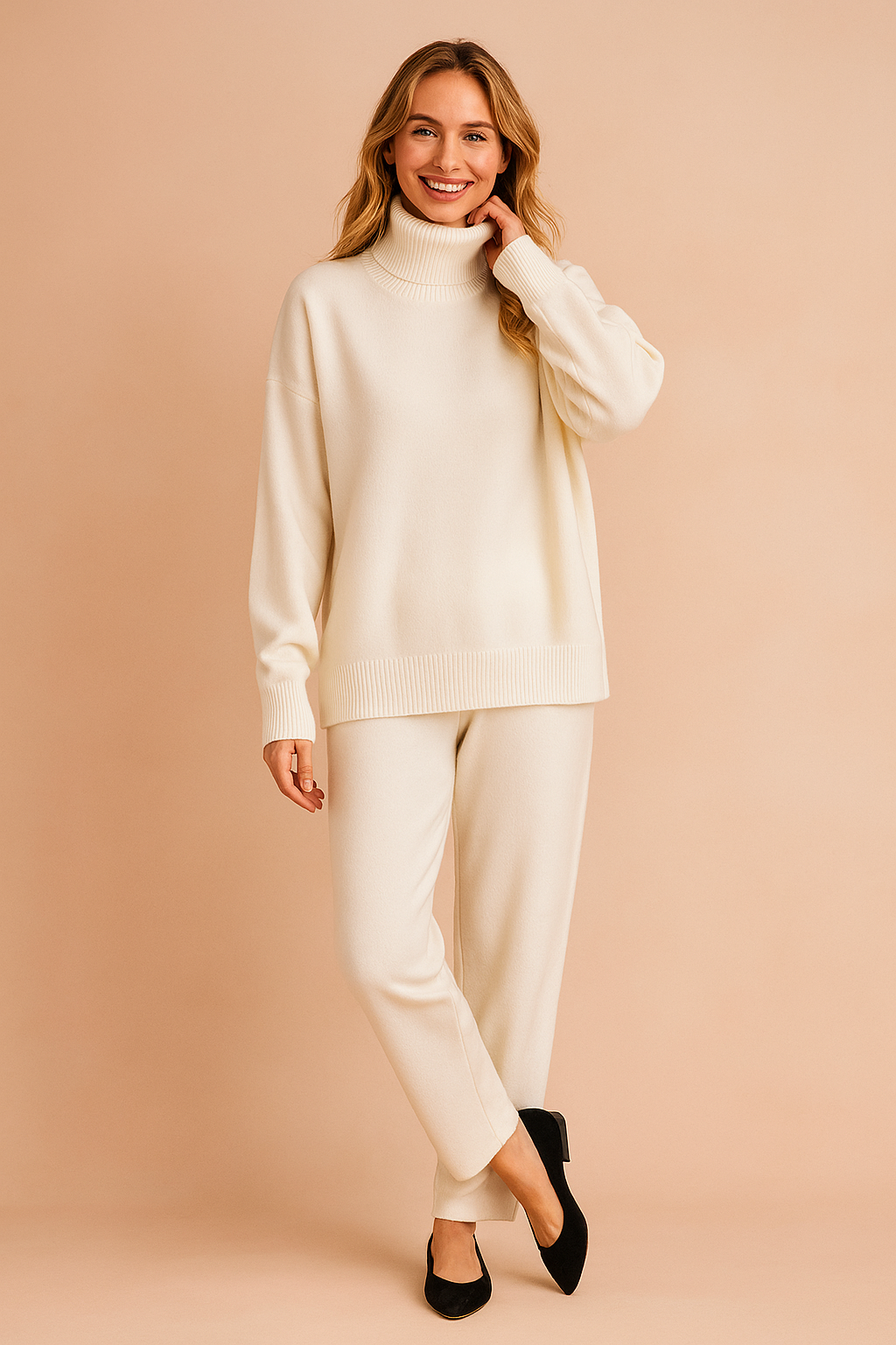 Soft-touch women's cozy loose fit turtleneck sweater, perfect for comfortable fall & winter style.