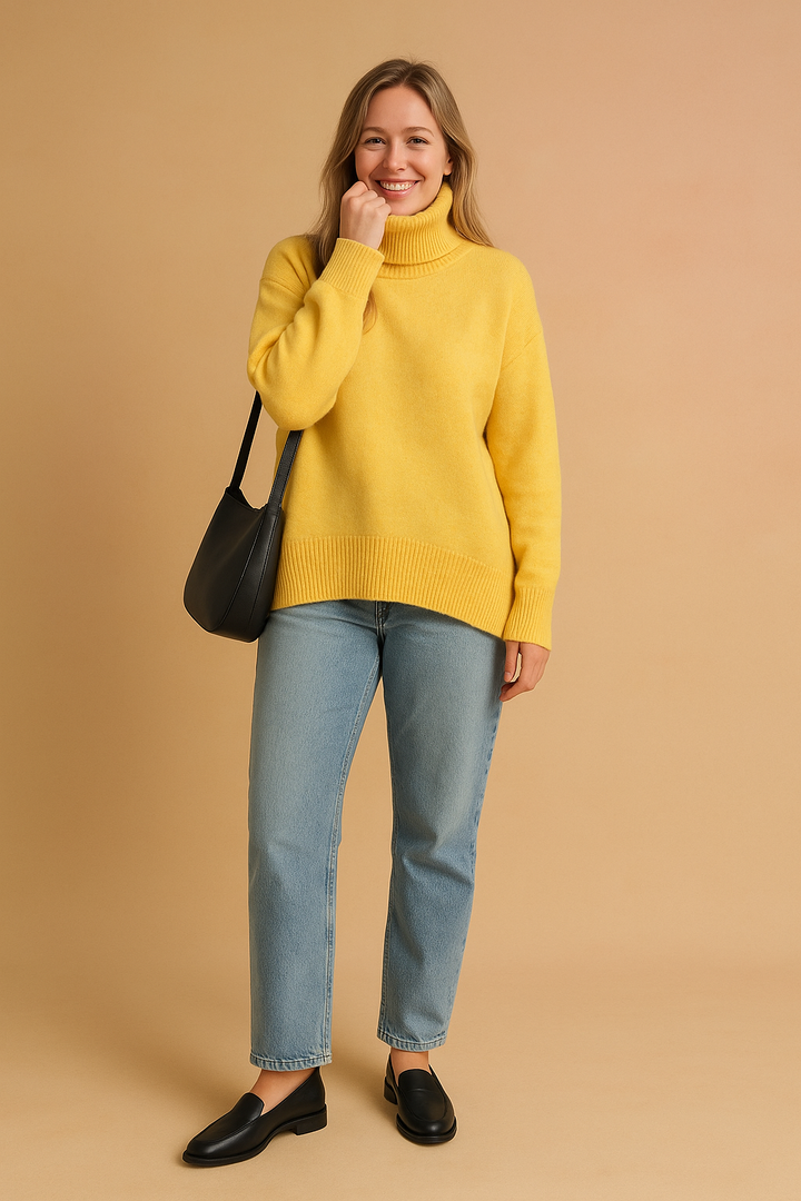 Versatile women's cozy turtleneck pullover, great for casual or elegant fall & winter outfits. Loose fit comfort.