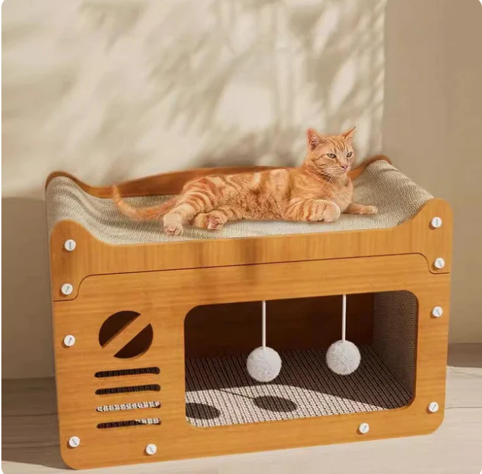 Cozy pet cat house with integrated sisal scratching post and play area for feline enrichment.