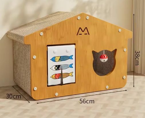 Happy cat exploring its new cat house, scratching post, and play area – ultimate feline retreat.