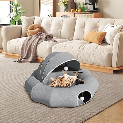 Cozy pet cave bed for cats & small dogs with a removable top for versatile comfort.